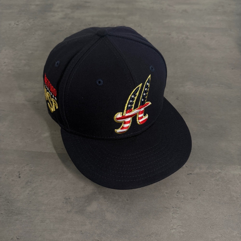 New Era‎ Hartford Yard Goats Hat 7 1/4 Navy Red USA Flag Patch 59FIFTY MiLB